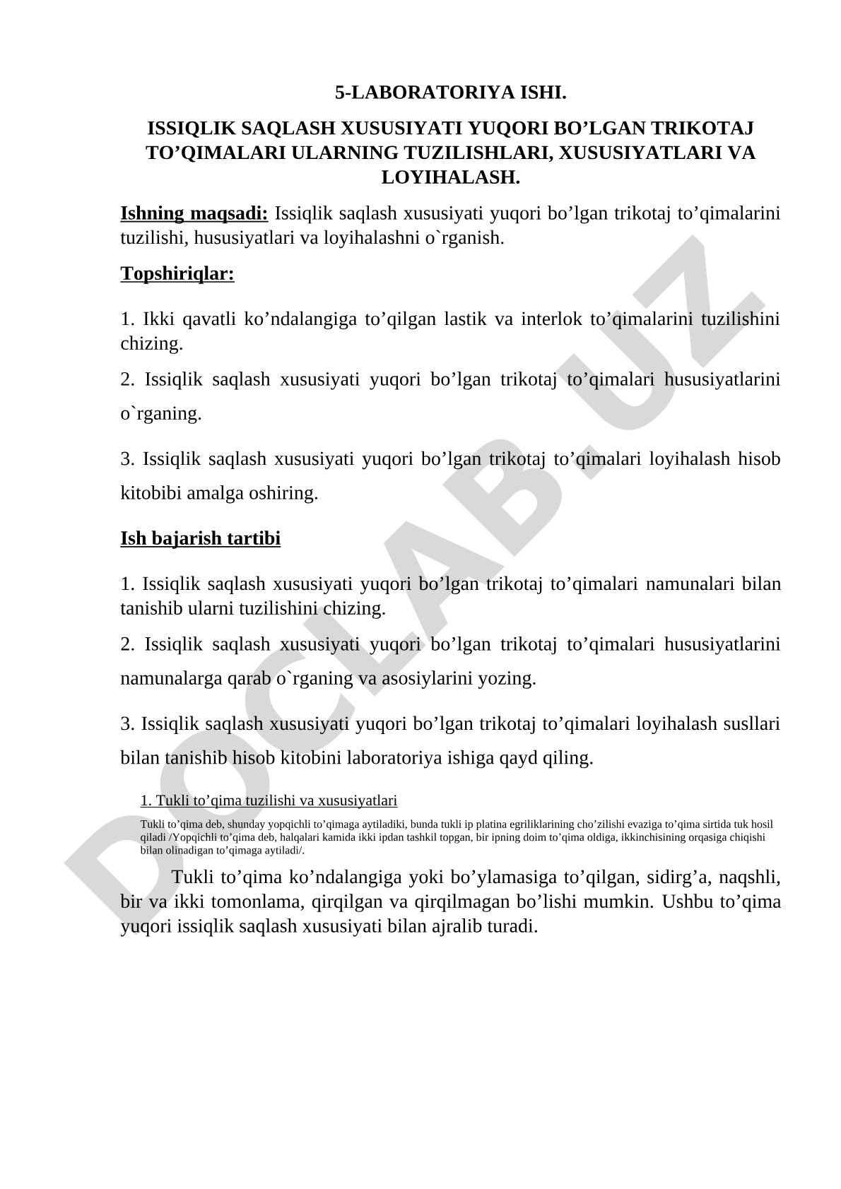 Issiqlik saqlash xususiyati yuqori bo’lgan trikotaj to’qimalari ularning tuzilishlari, xususiyatlari va loyihalash