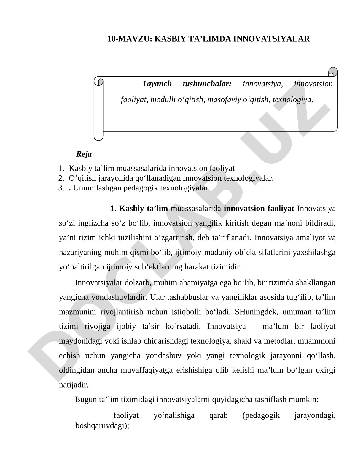 Kasbiy ta'limda innovatsion faoliyat va texnologiyalar haqida ma'ruza matni