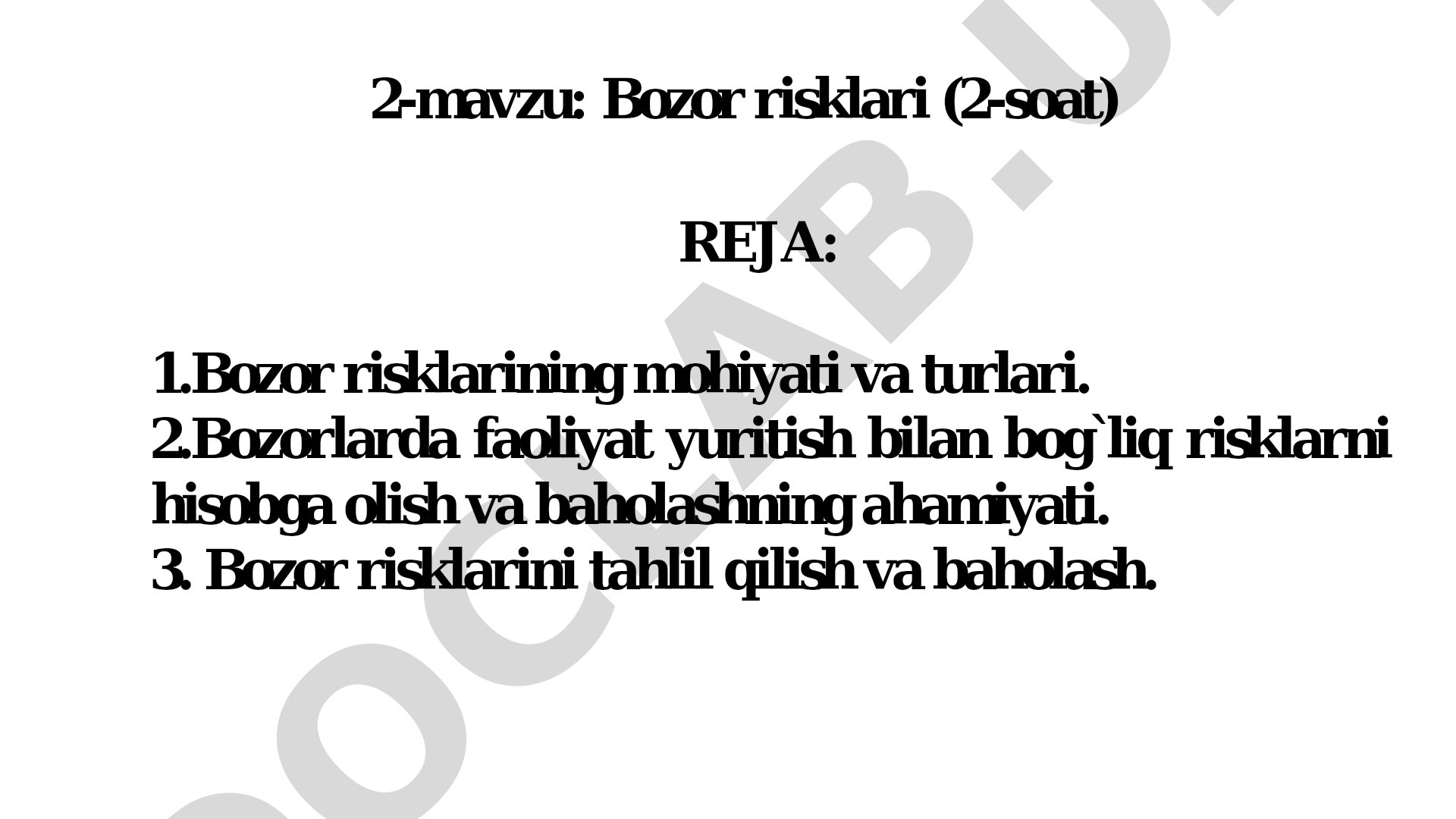 Bozor risklarining mohiyati, turlari, baholash va tahlil qilish usullari