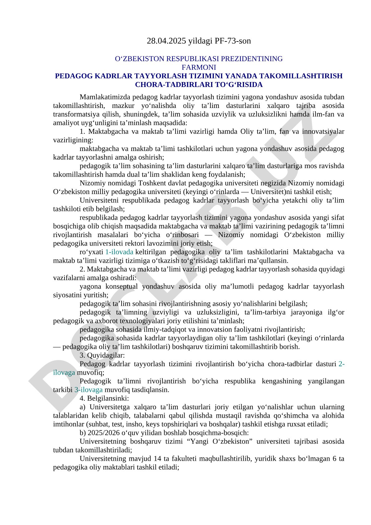 Pedagog kadrlar tayyorlash tizimini yanada takomillashtirish chora-tadbirlari