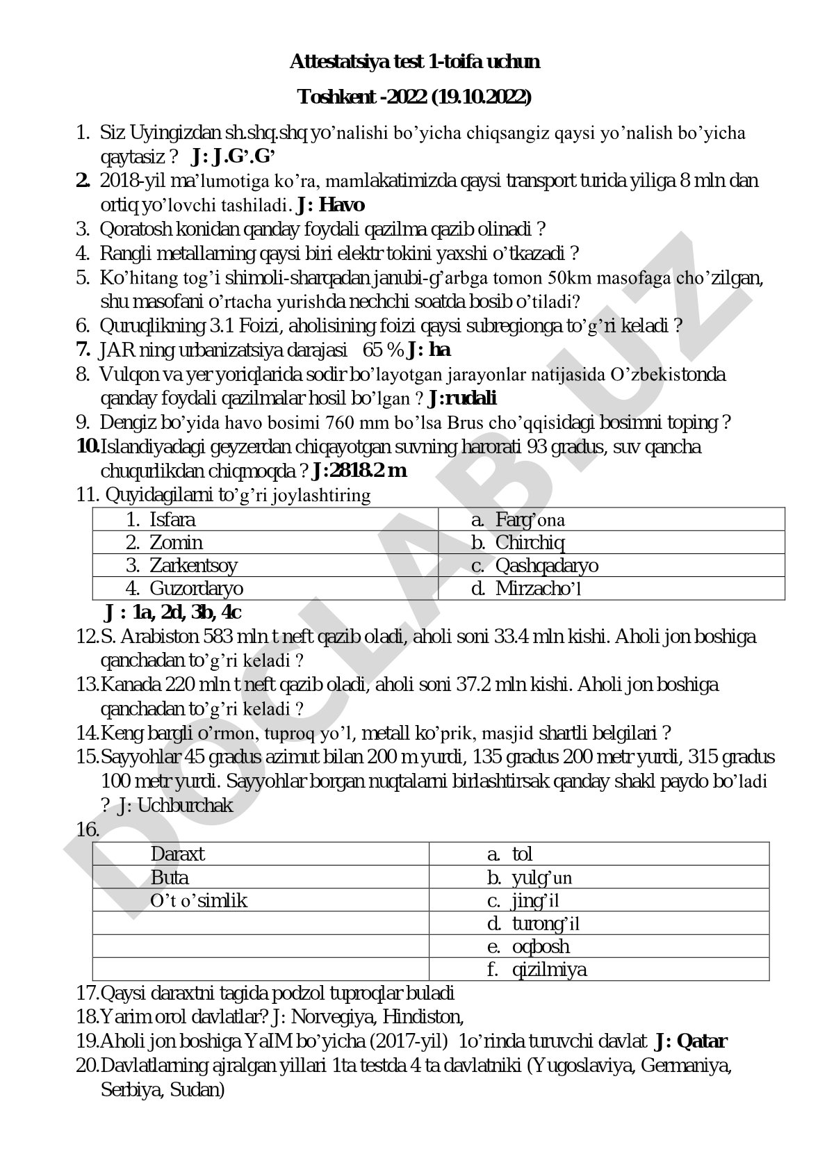Attestatsiya test 1-toifa