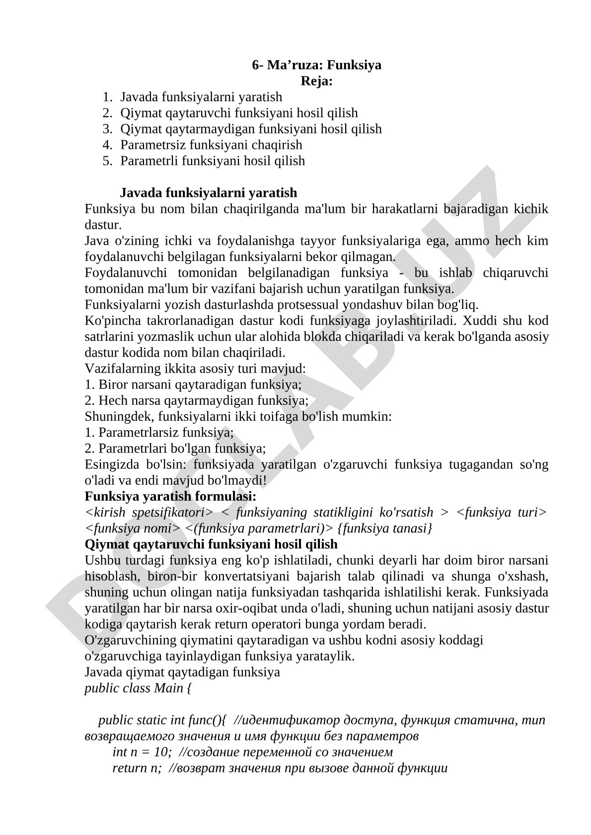 Javada funksiyalarni yaratish, qiymat qaytarish va parametrlar haqida