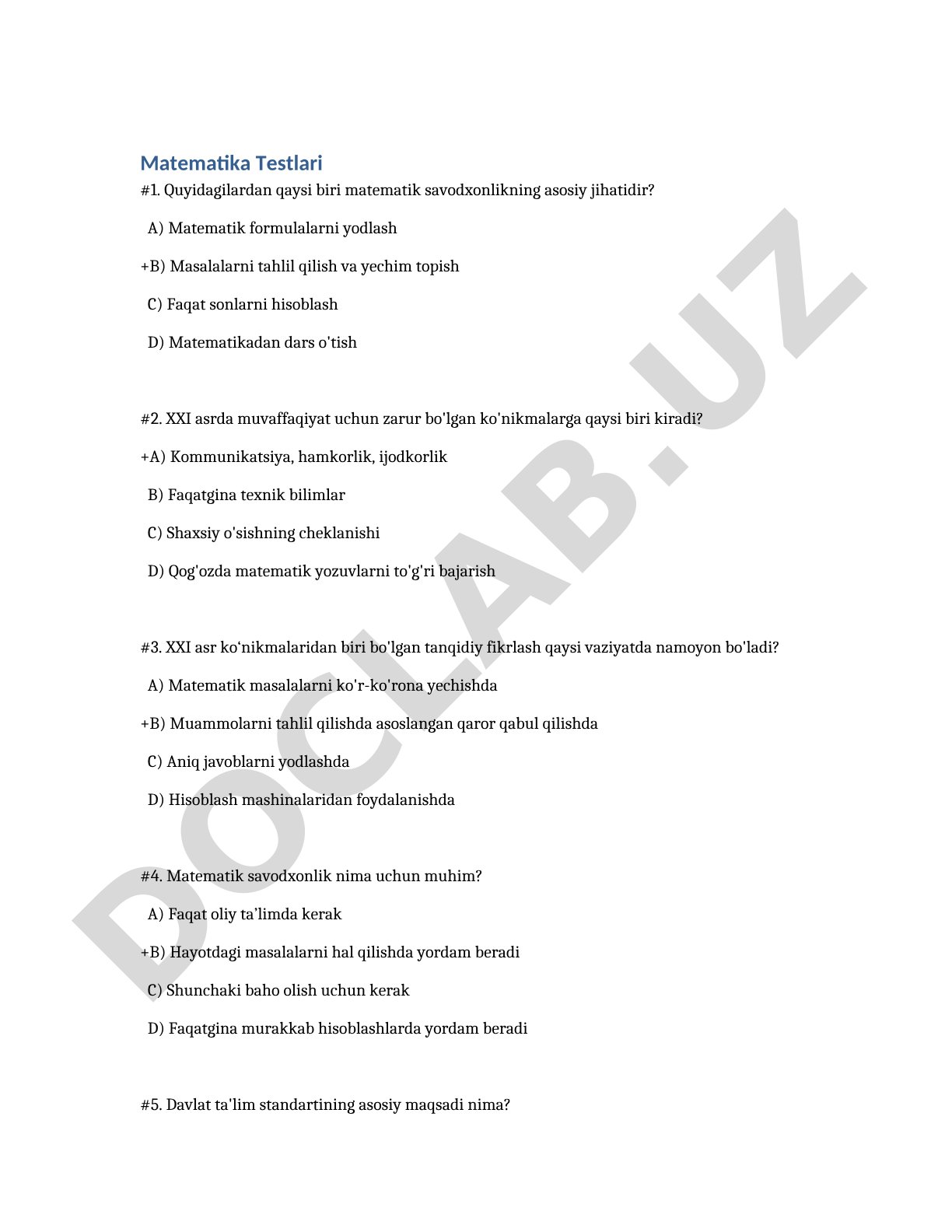Matematik savodxonlik va XXI asr ko'nikmalari testi