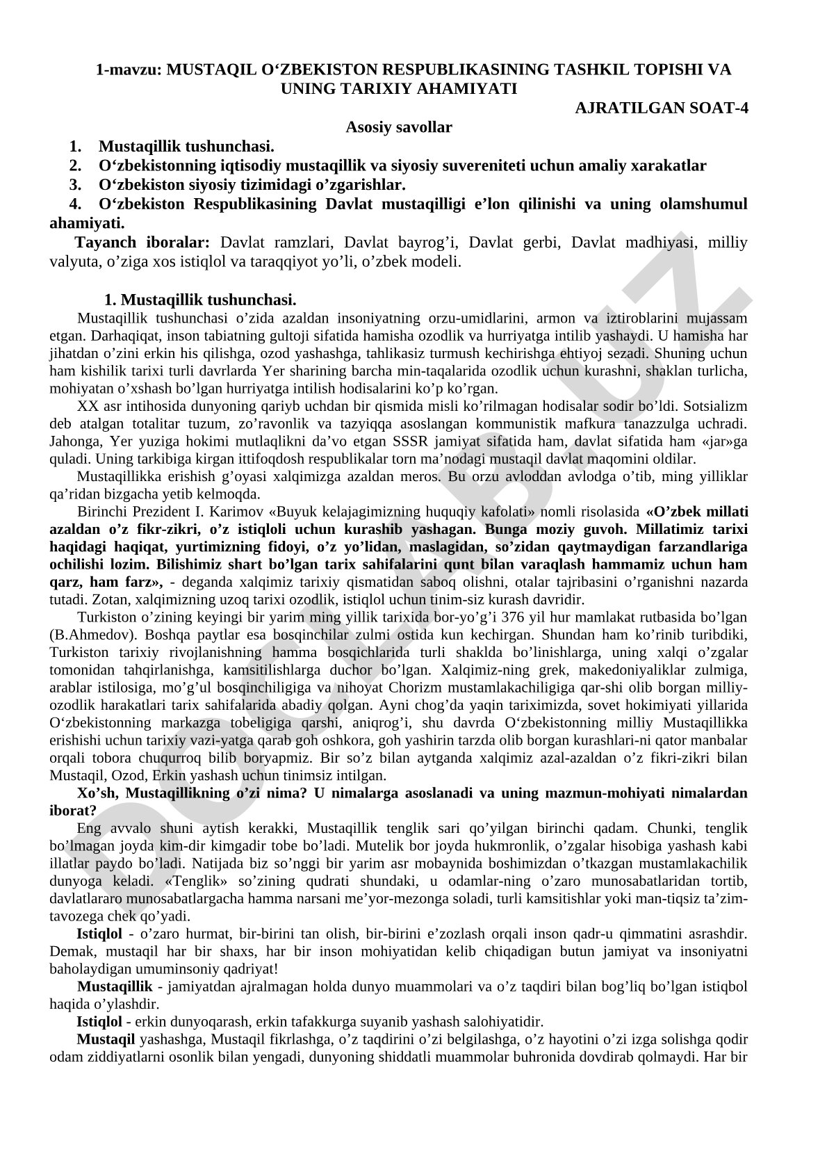 MUSTAQIL O‘ZBEKISTON RESPUBLIKASINING TASHKIL TOPISHI VA UNING TARIXIY AHAMIYATI
