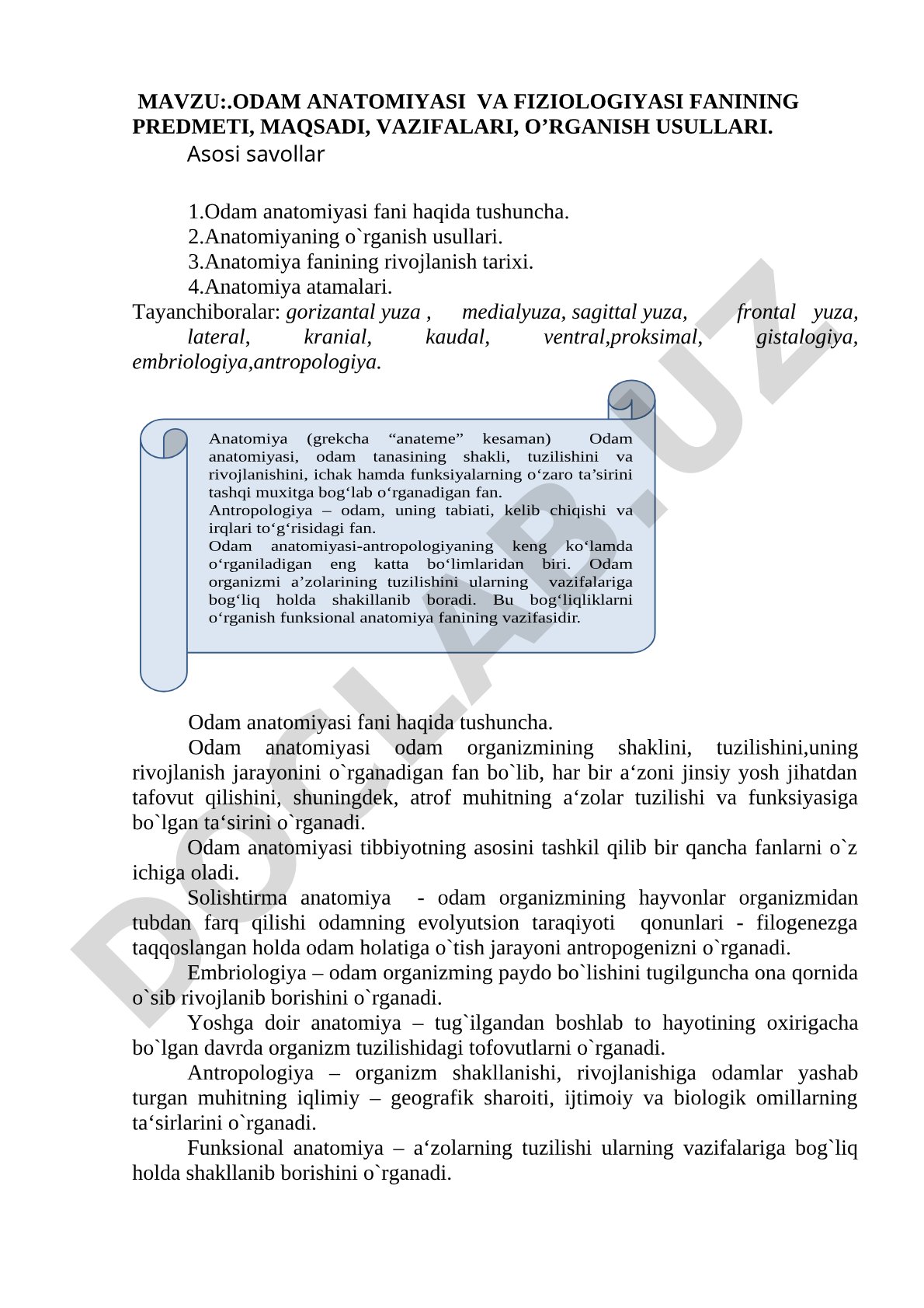 Odam anatomiyasi va fiziologiyasi fanining predmeti, maqsadi, vazifalari, o‘rganish usullari