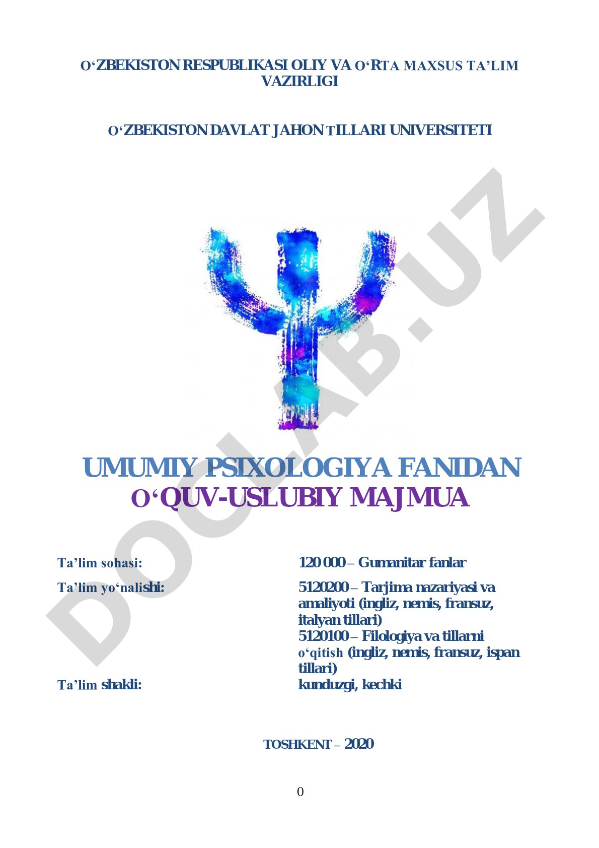 Umumiy psixologiya fanidan o‘quv-uslubiy majmua