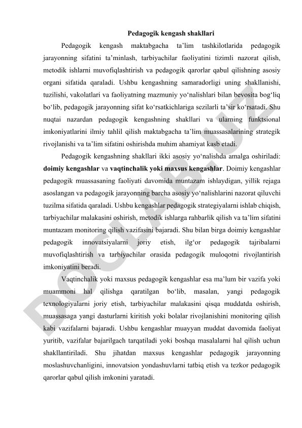 Pedagogik kengash shakllari va ularning funktsional imkoniyatlari
