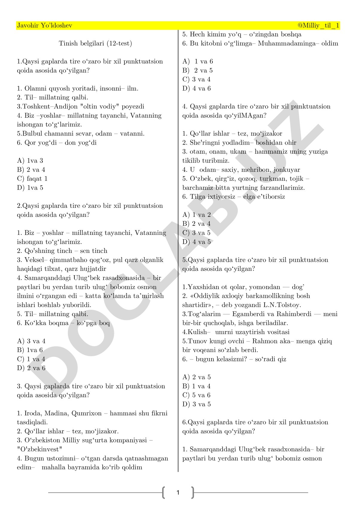 Tinish belgilari (12-test)