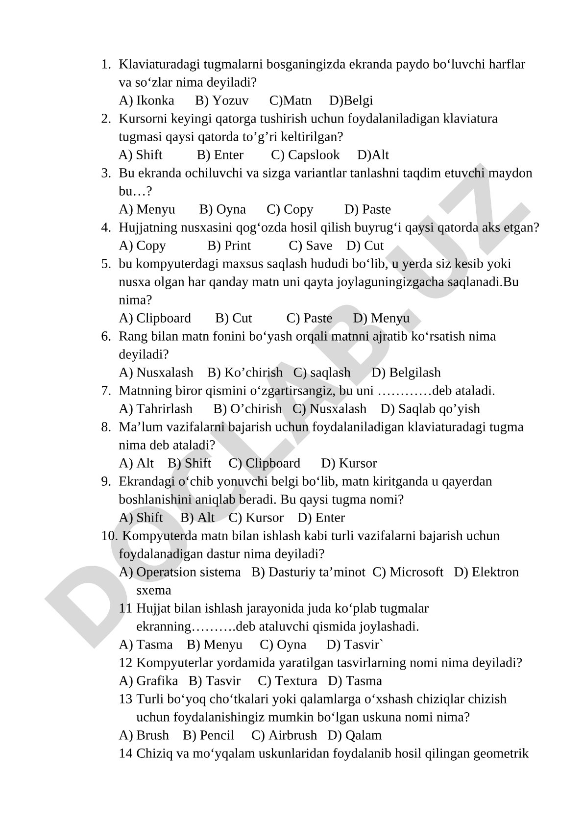 Kompyuter savodxonligi test savollari