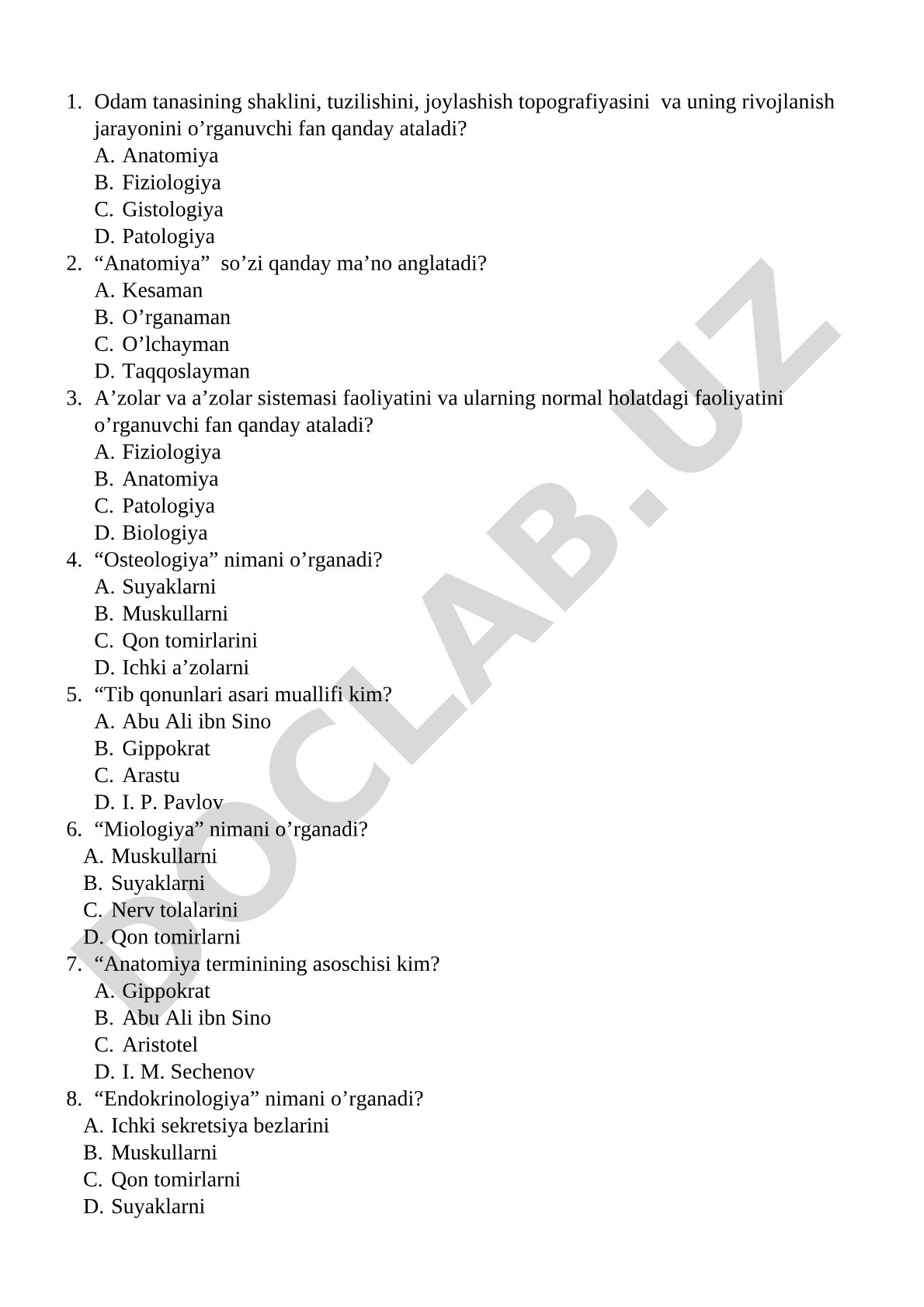 Anatomiya test savollari