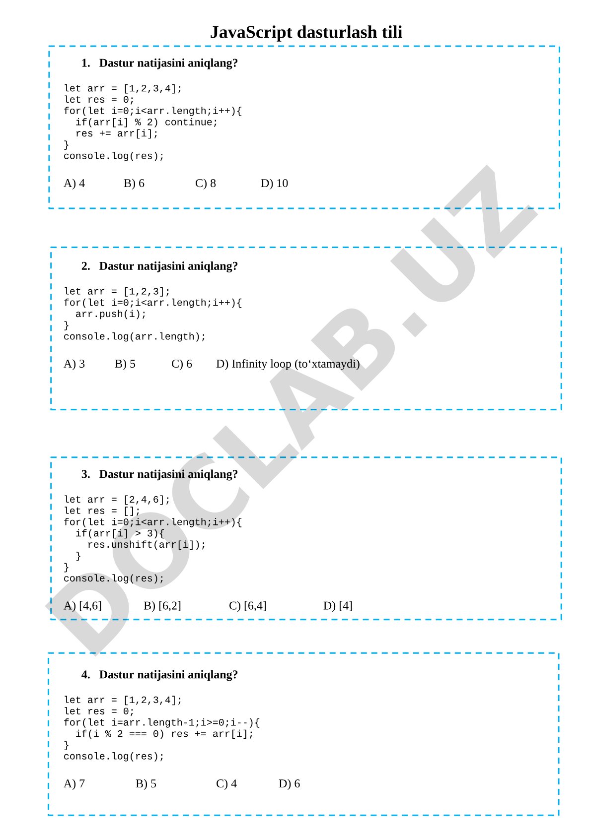 JavaScript dastur natijalarini aniqlash bo'yicha test savollari