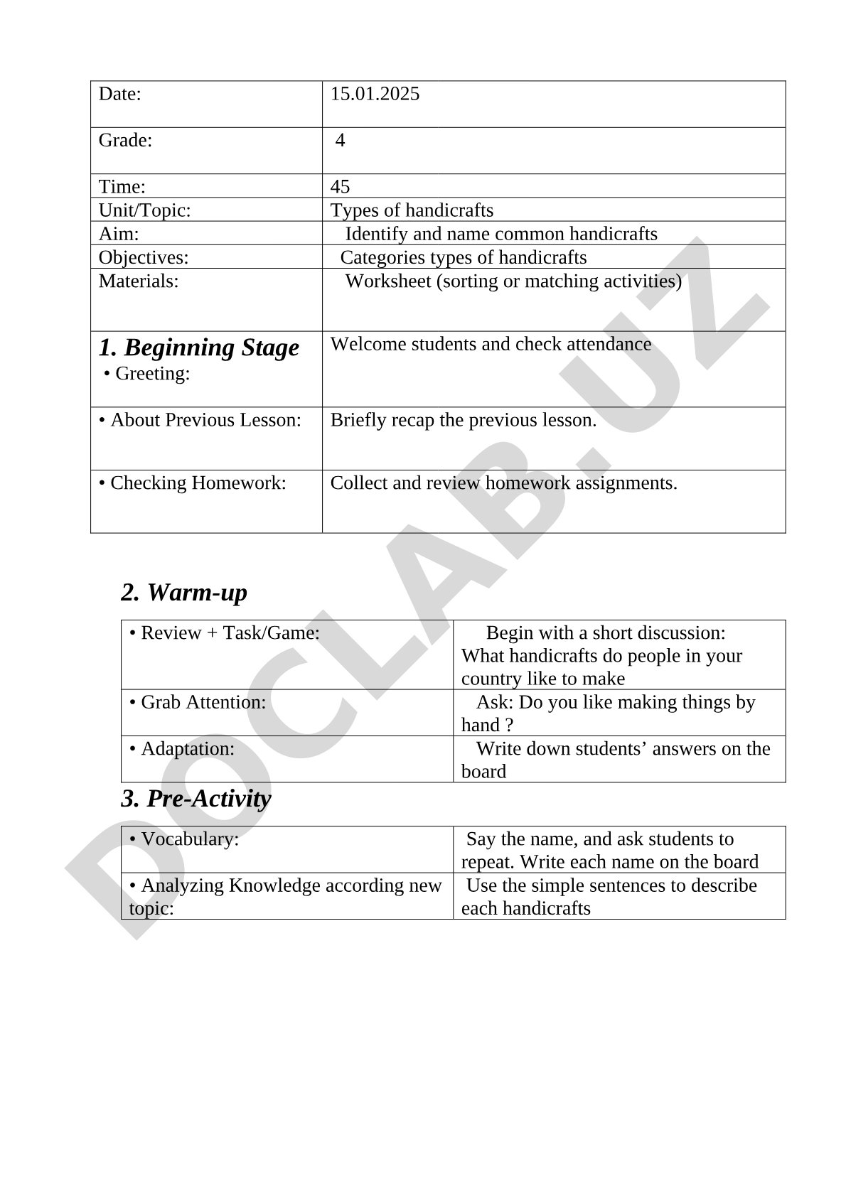 Lesson plan for teaching types of handicrafts, including objectives, activities, and