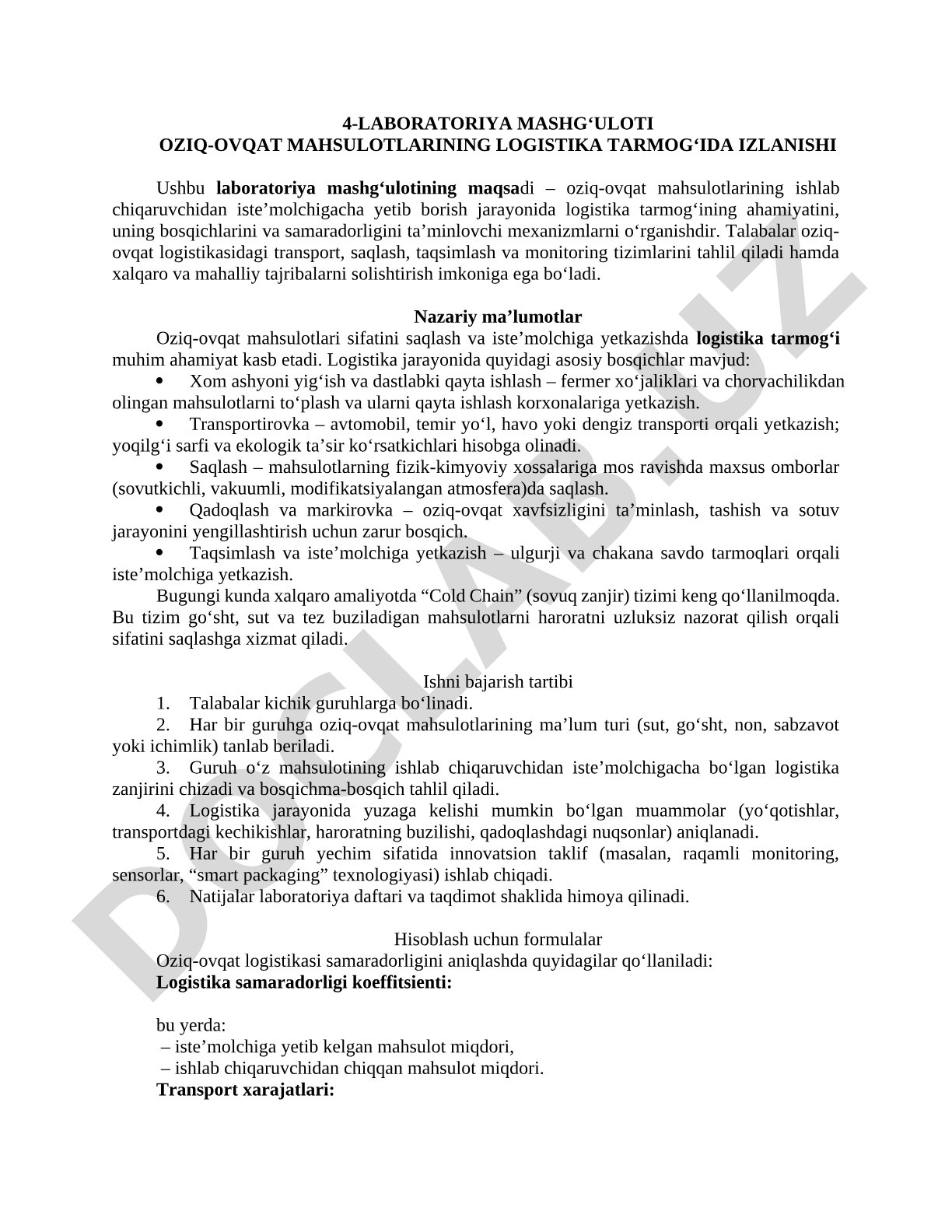 Oziq-ovqat mahsulotlarining logistika tarmog‘ida izlanishi