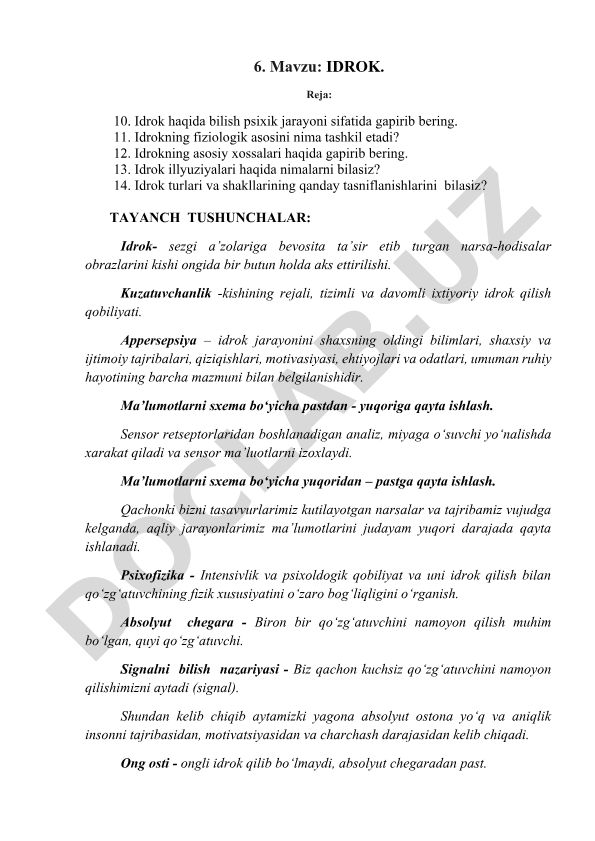 IDROK haqida bilish psixik jarayoni va uning xususiyatlari