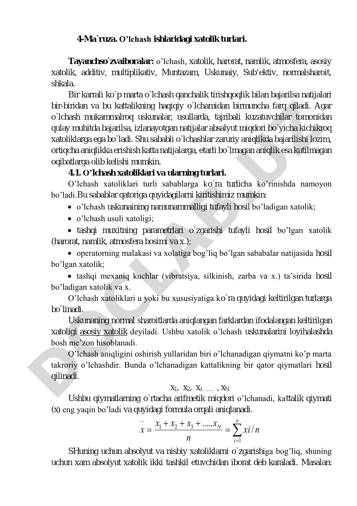O’lchash ishlaridagi xatolik turlari