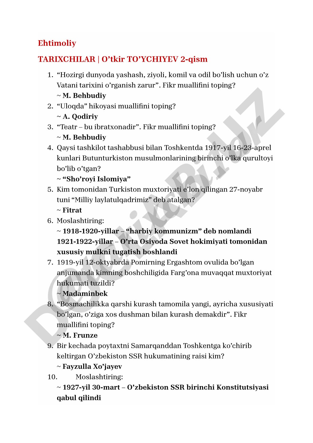 Turkiston tarixiga oid savol-javoblar