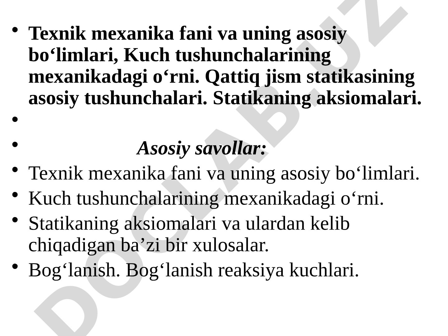 Texnik mexanika fani va uning asosiy bo‘limlari