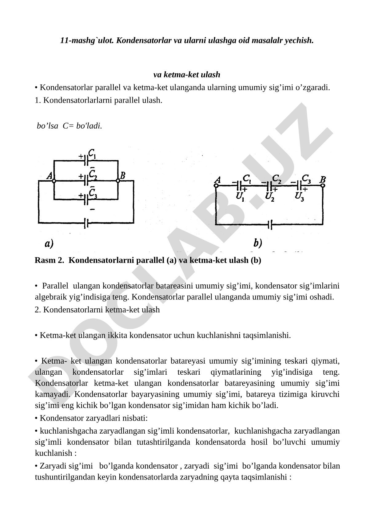 Kondensatorlar va ularni ulashga oid masalalar yechish