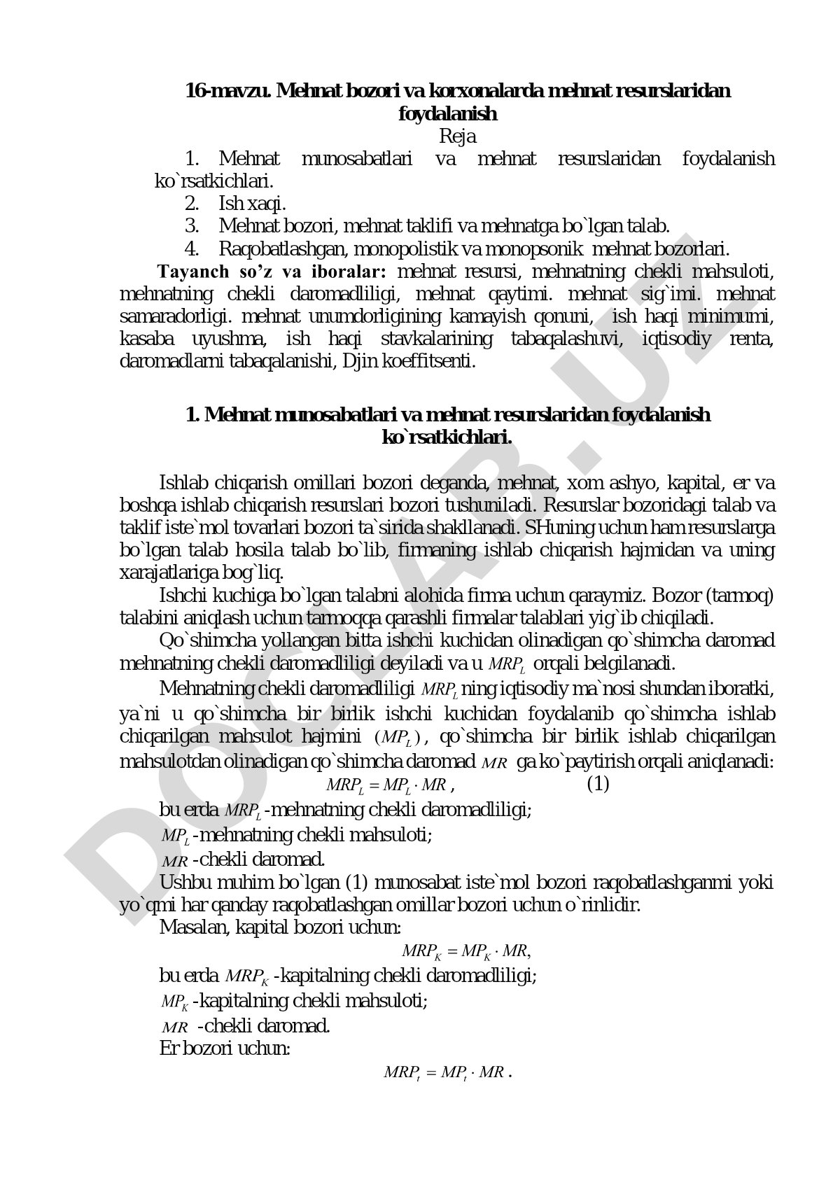 Mehnat bozori va korxonalarda mehnat resurslaridan foydalanish