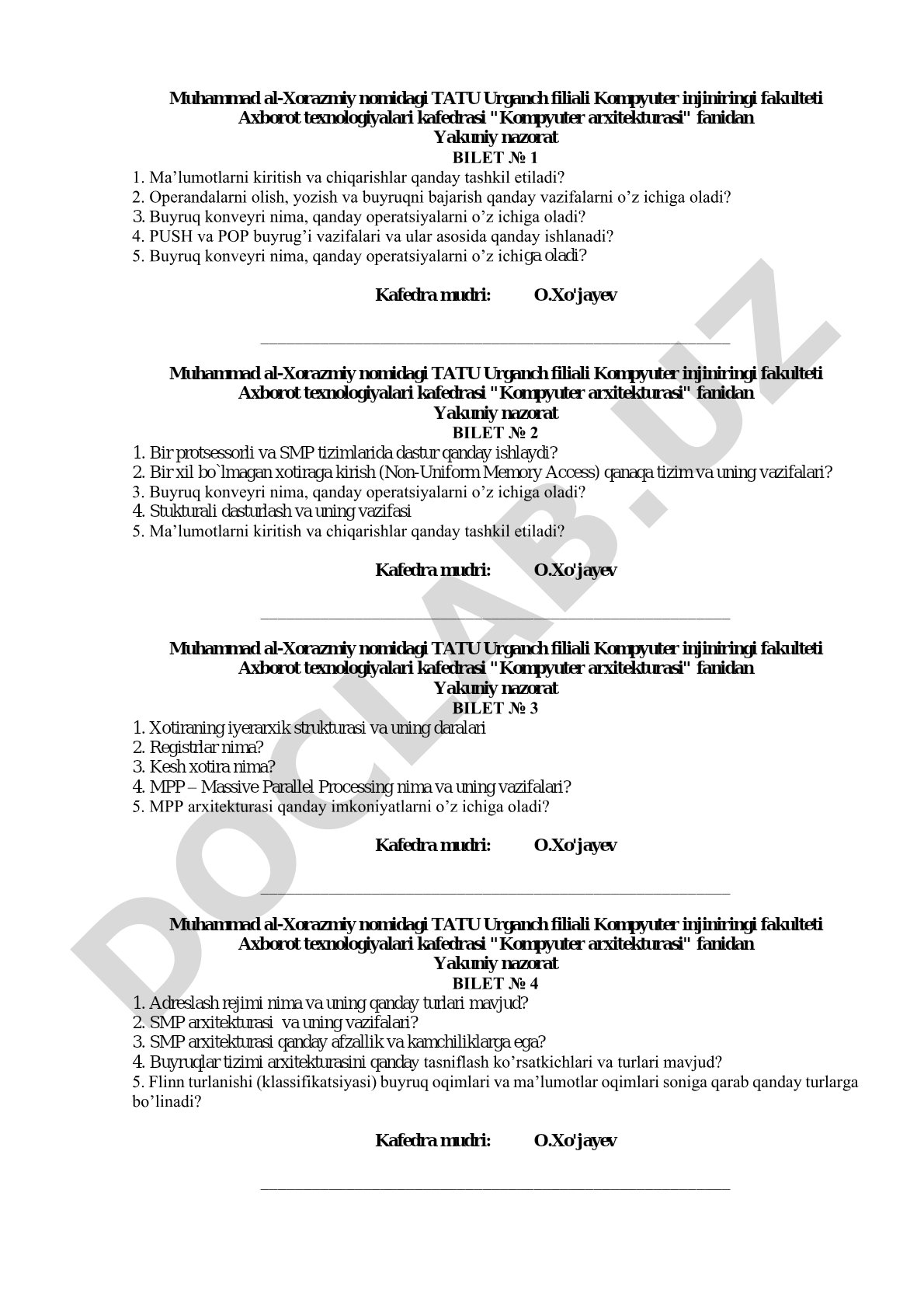 Kompyuter arxitekturasi yakuniy nazorat biletlari