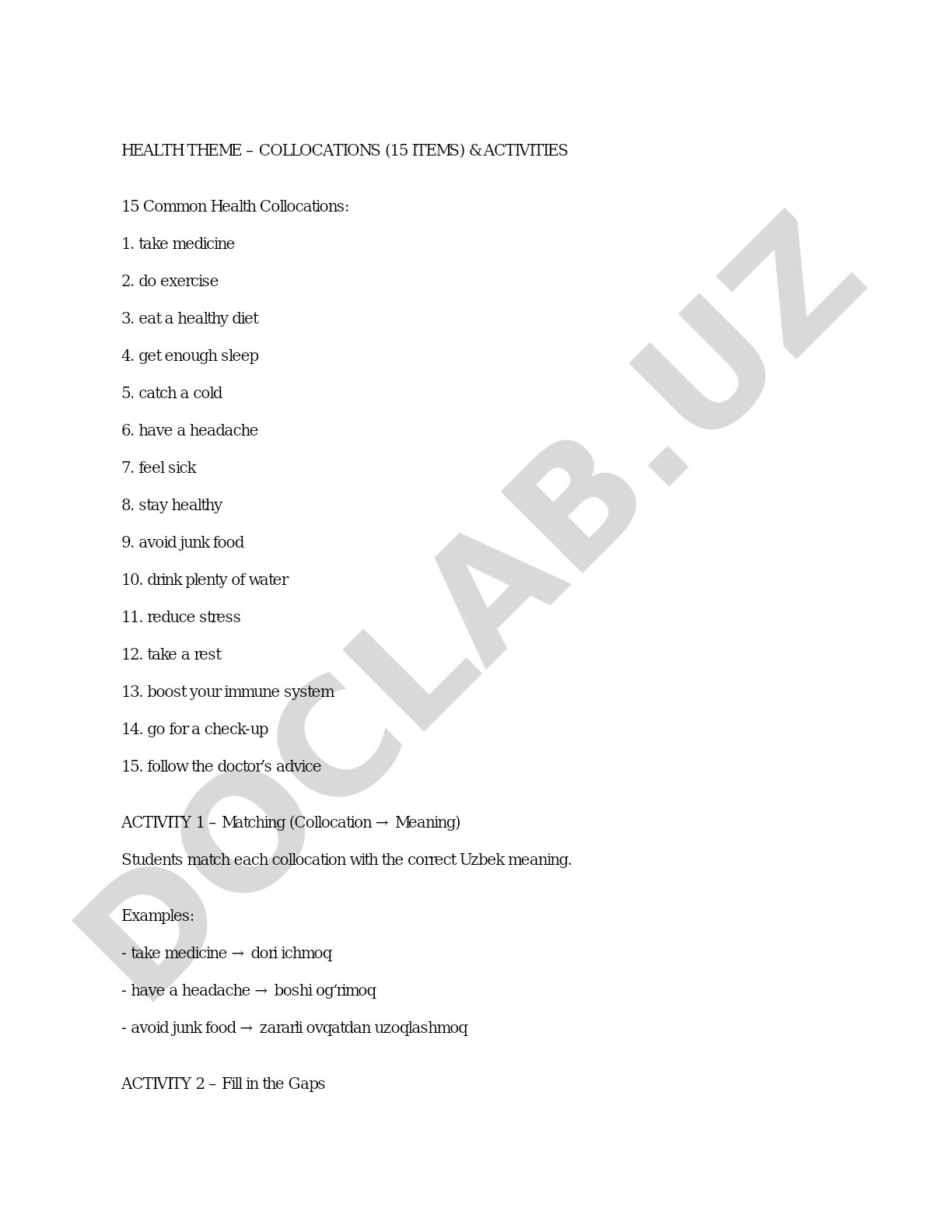 Health theme – collocations (15 items) & activities