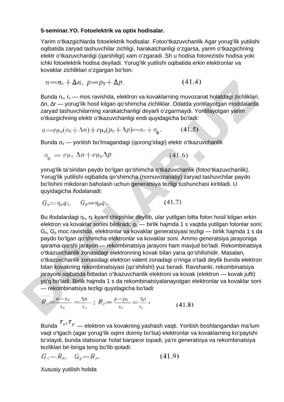 Fotoelektrik va optik hodisalar. Yarim o‘tkazgichlarda fotoelektrik hodisalar. Fotoo‘tkazuvchanlik