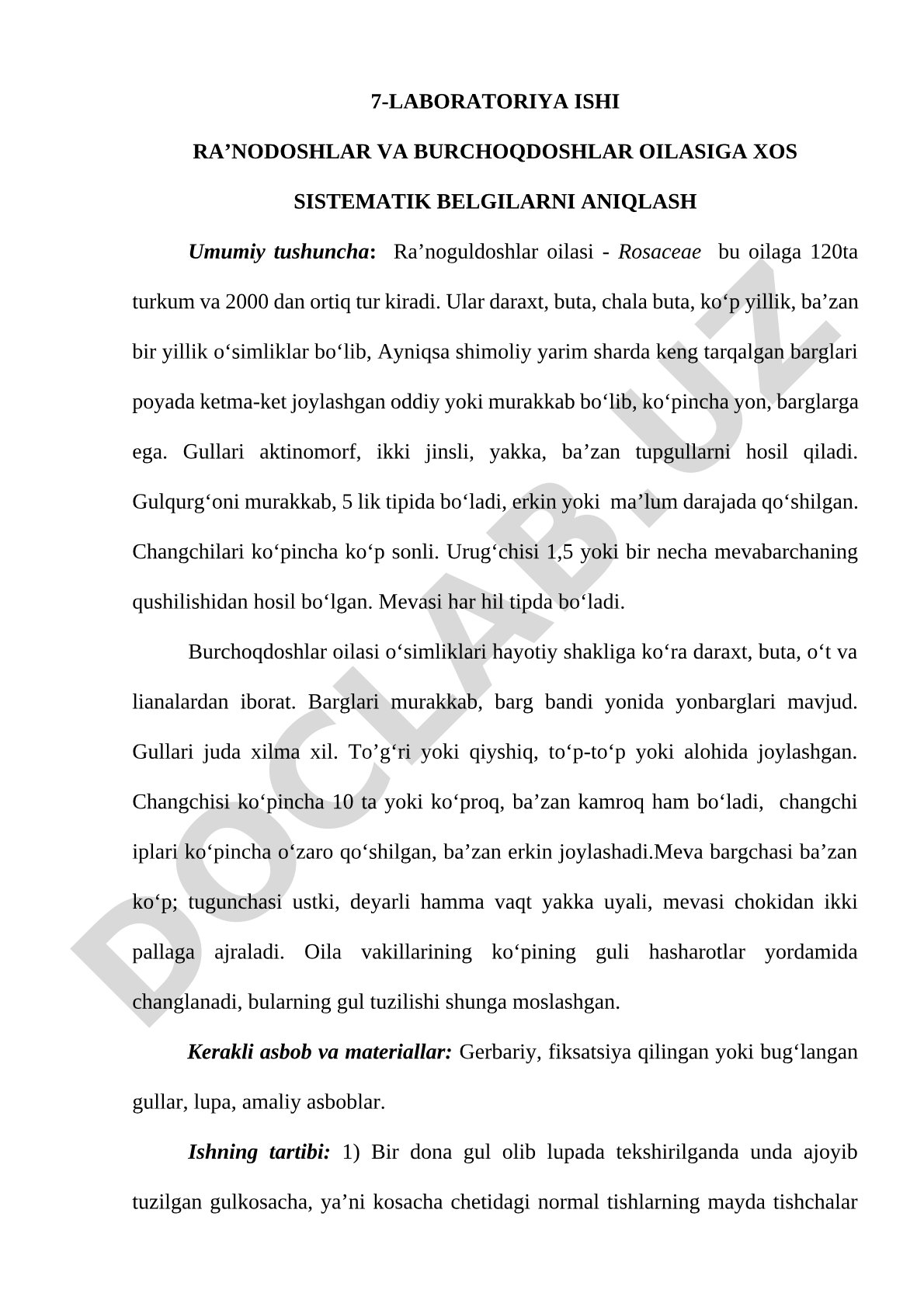 Ra'nodoshlar va burchoqdoshlar oilasiga xos sistematik belgilarni aniqlash
