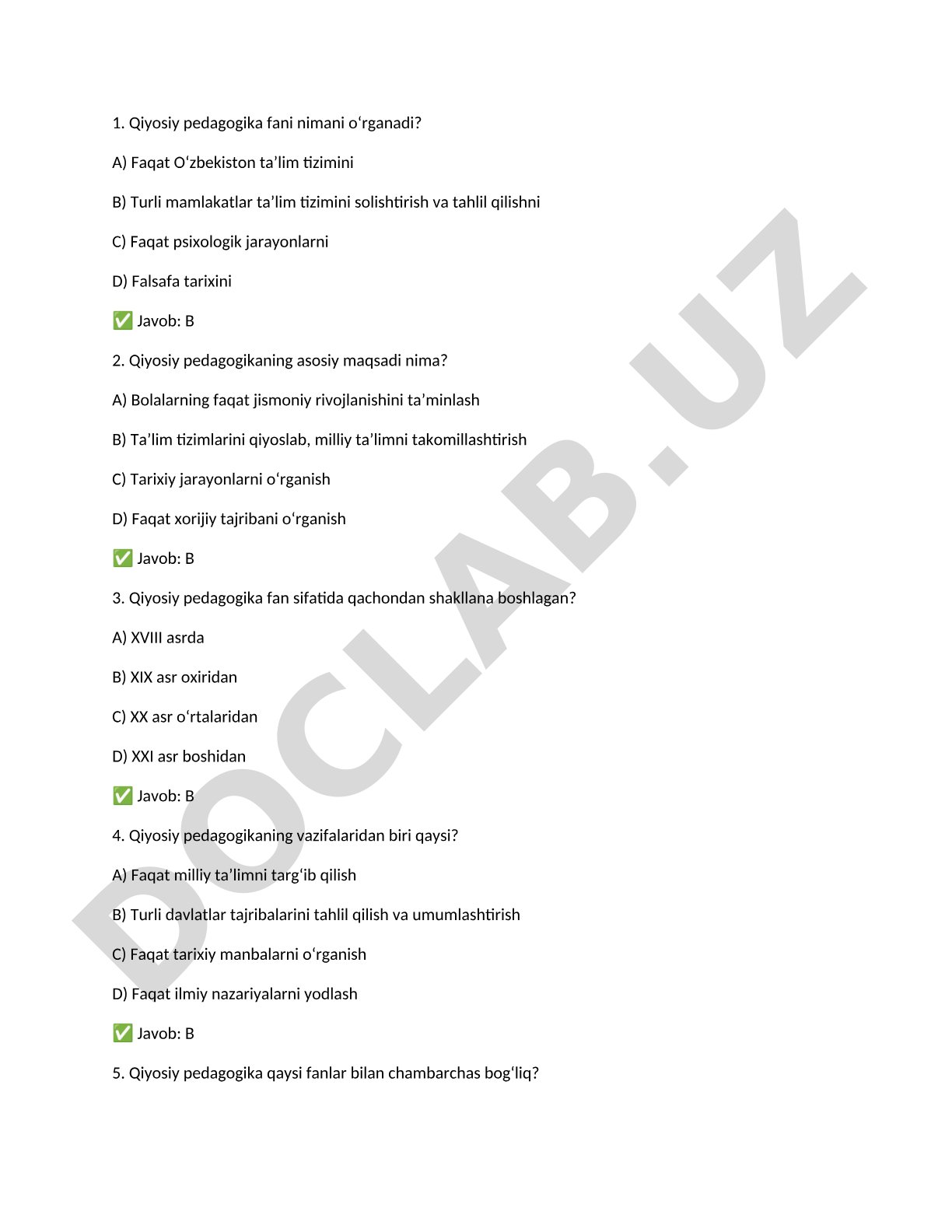 Qiyosiy pedagogika bo'yicha test savollari