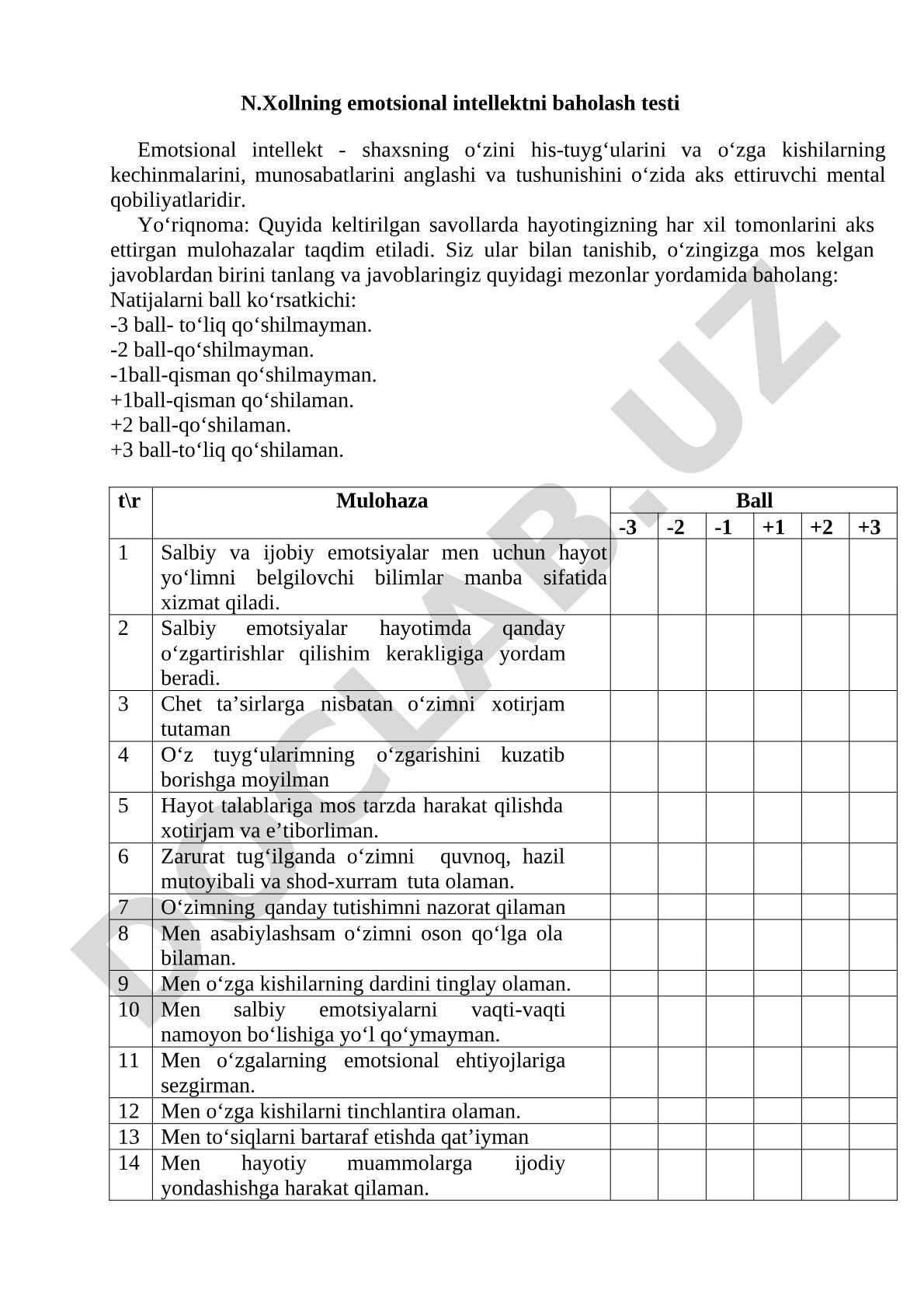 N.Xollning emotsional intellektni baholash testi