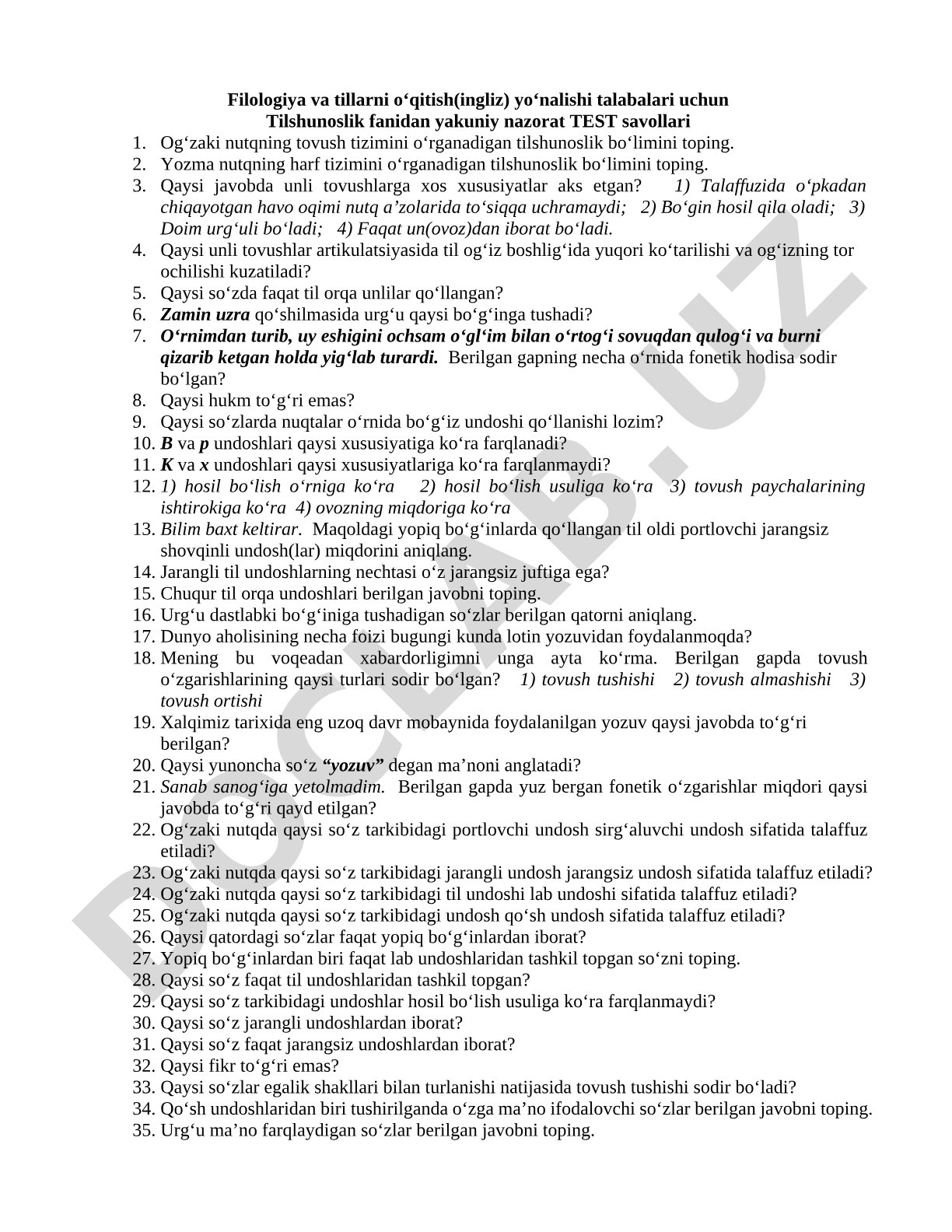 Tilshunoslik fanidan yakuniy nazorat test savollari