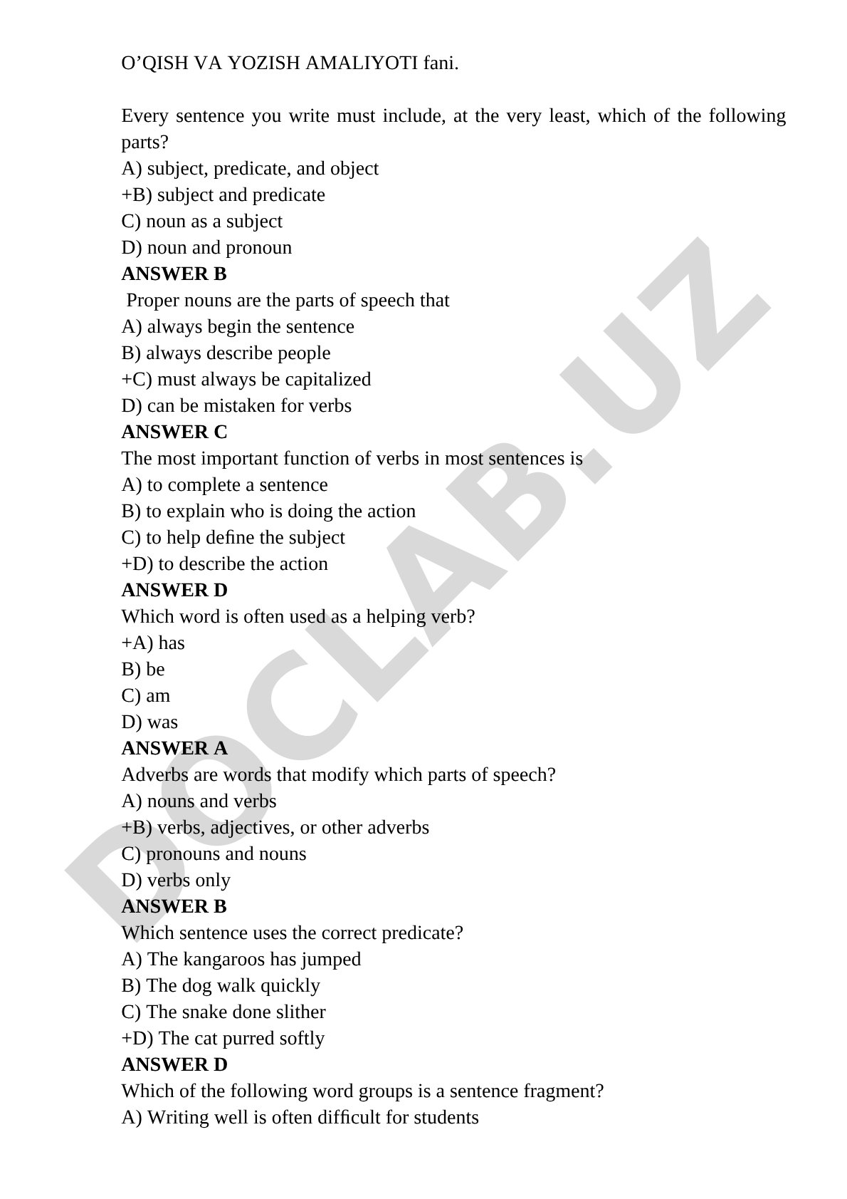 O'qish va yozish amaliyoti fanidan test savollari