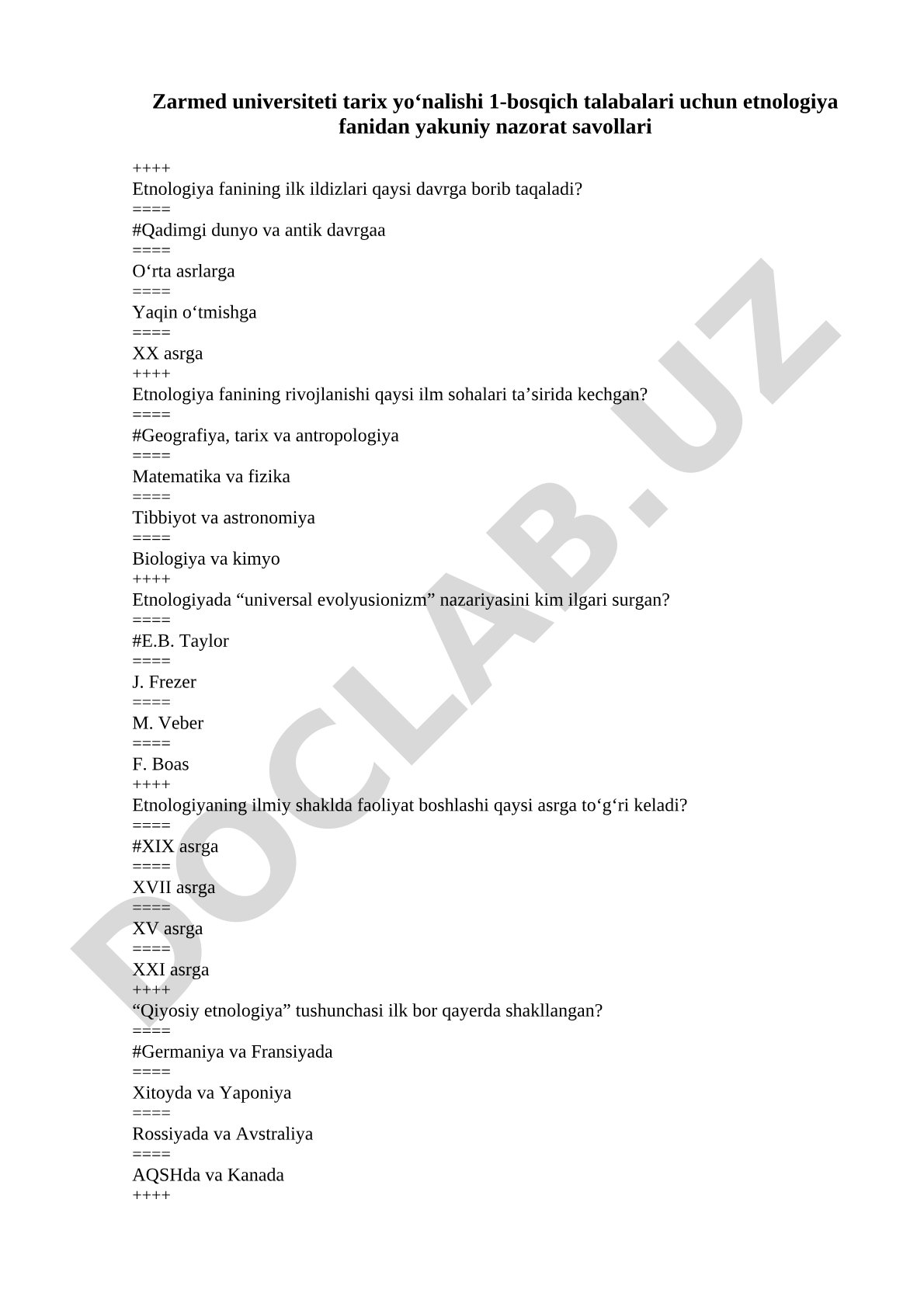 Etnologiya fanidan yakuniy nazorat savollari