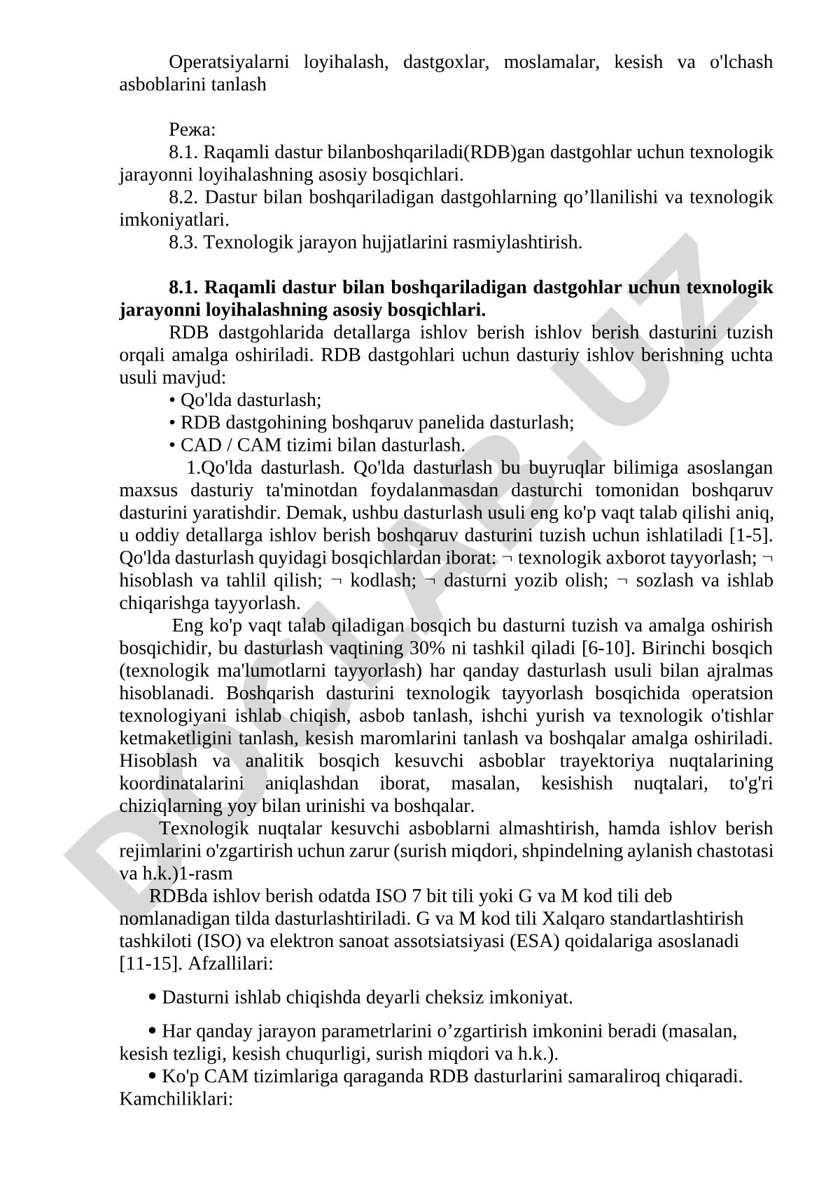Operatsiyalarni loyihalash, dastgoxlar, moslamalar, kesish va o'lchash asboblarini tanlash Режа: 8.1