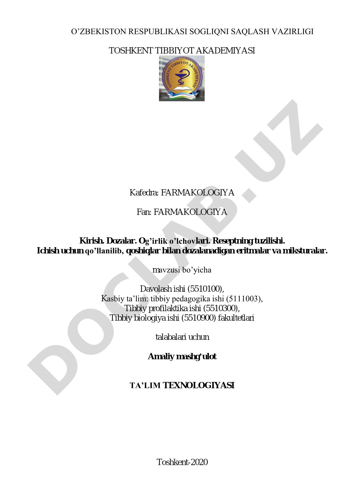 Dozalar, og'irlik o'lchovlari, resept tuzilishi va eritmalar