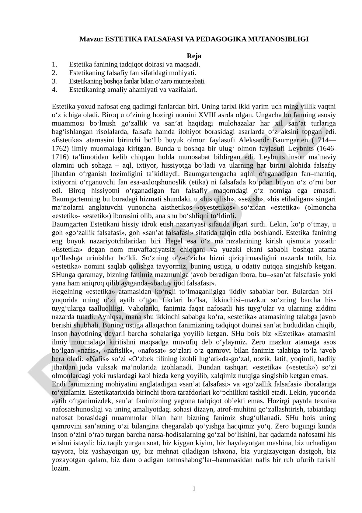 ESTETIKA FALSAFASI VA PEDAGOGIKA MUTANOSIBLIGI