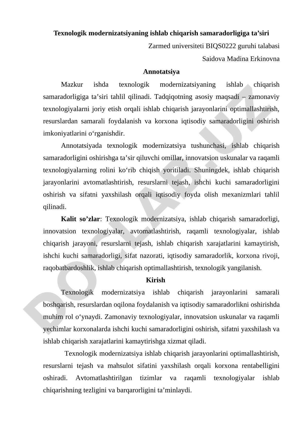 Texnologik modernizatsiyaning ishlab chiqarish samaradorligiga ta’siri