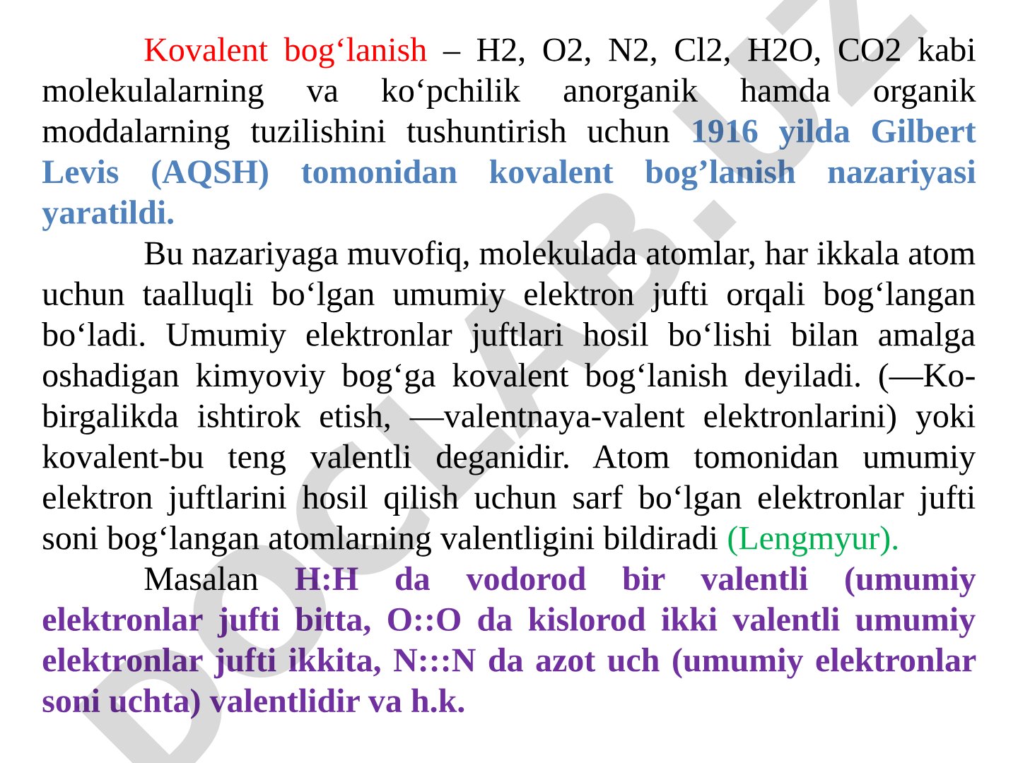 Kovalent bog‘lanish nazariyasi, molekulalardagi umumiy elektron juftlari va misollar