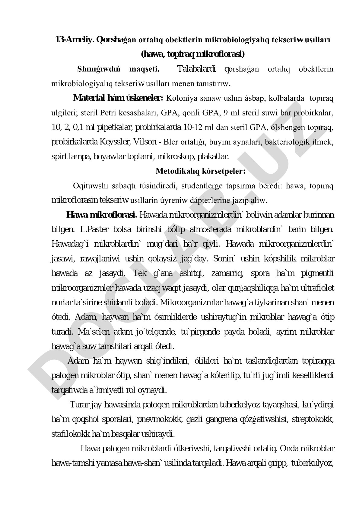 Qorshaǵan ortalıq obektlerin mikrobiologiyalıq tekseriw usılları