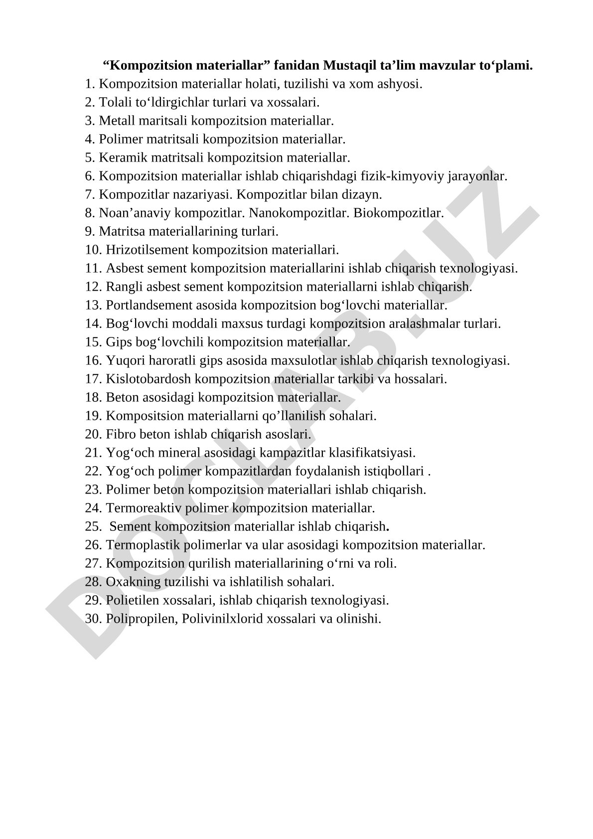 Kompozitsion materiallar fanidan mustaqil ta'lim mavzular to'plami