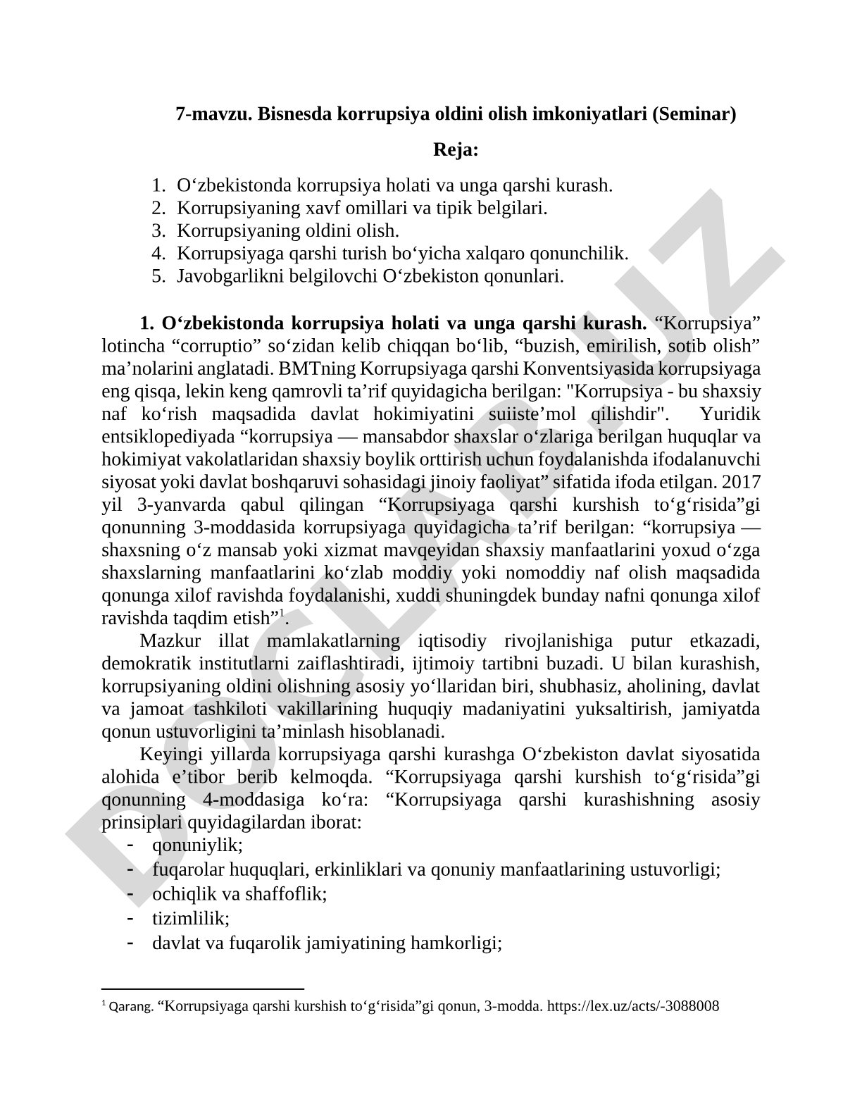 Bisnesda korrupsiya oldini olish imkoniyatlari