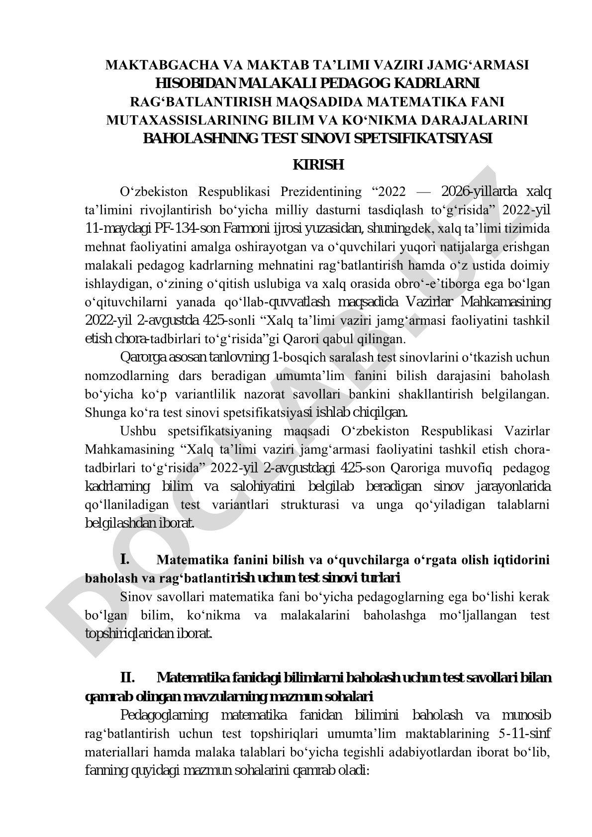 Matematika mutaxassislarining bilim va ko‘nikma darajalarini baholashning test sinovi spetifikatsiyasi