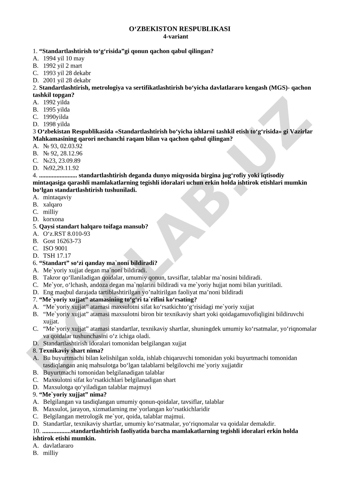 Standartlashtirish to'g'risidagi qonun va standartlar