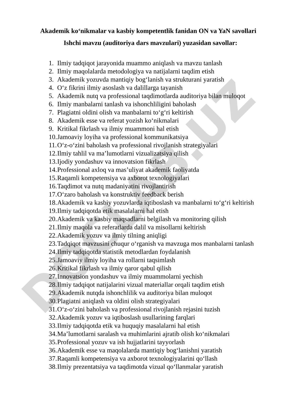 Akademik ko‘nikmalar va kasbiy kompetentlik fanidan ON va YaN savollari