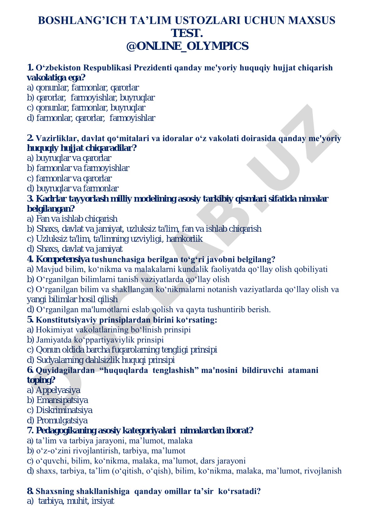 BOSHLANG’ICH TA’LIM USTOZLARI UCHUN MAXSUS TEST