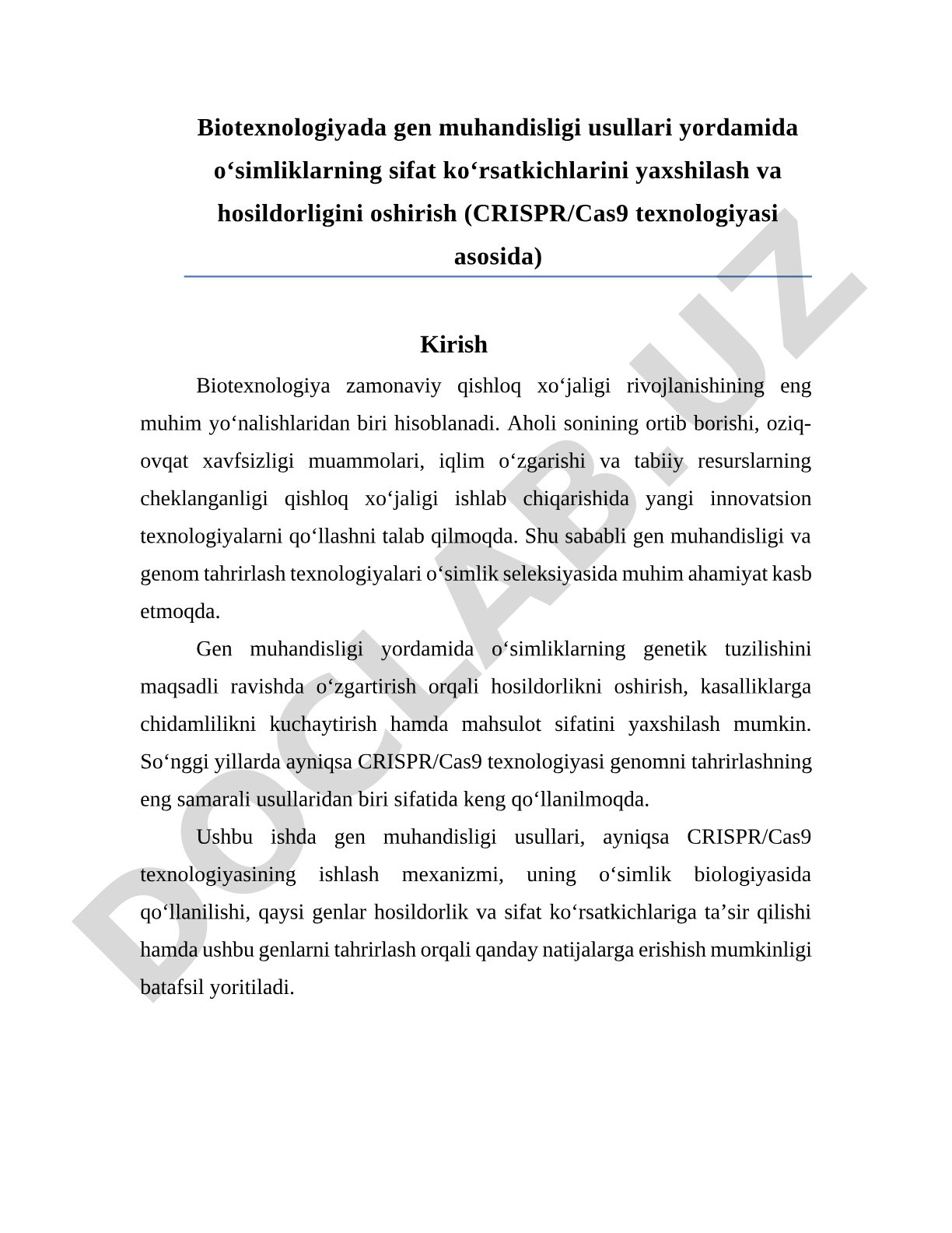 Biotexnologiyada gen muhandisligi yordamida o‘simliklar sifatini yaxshilash va hosildorligini oshirish