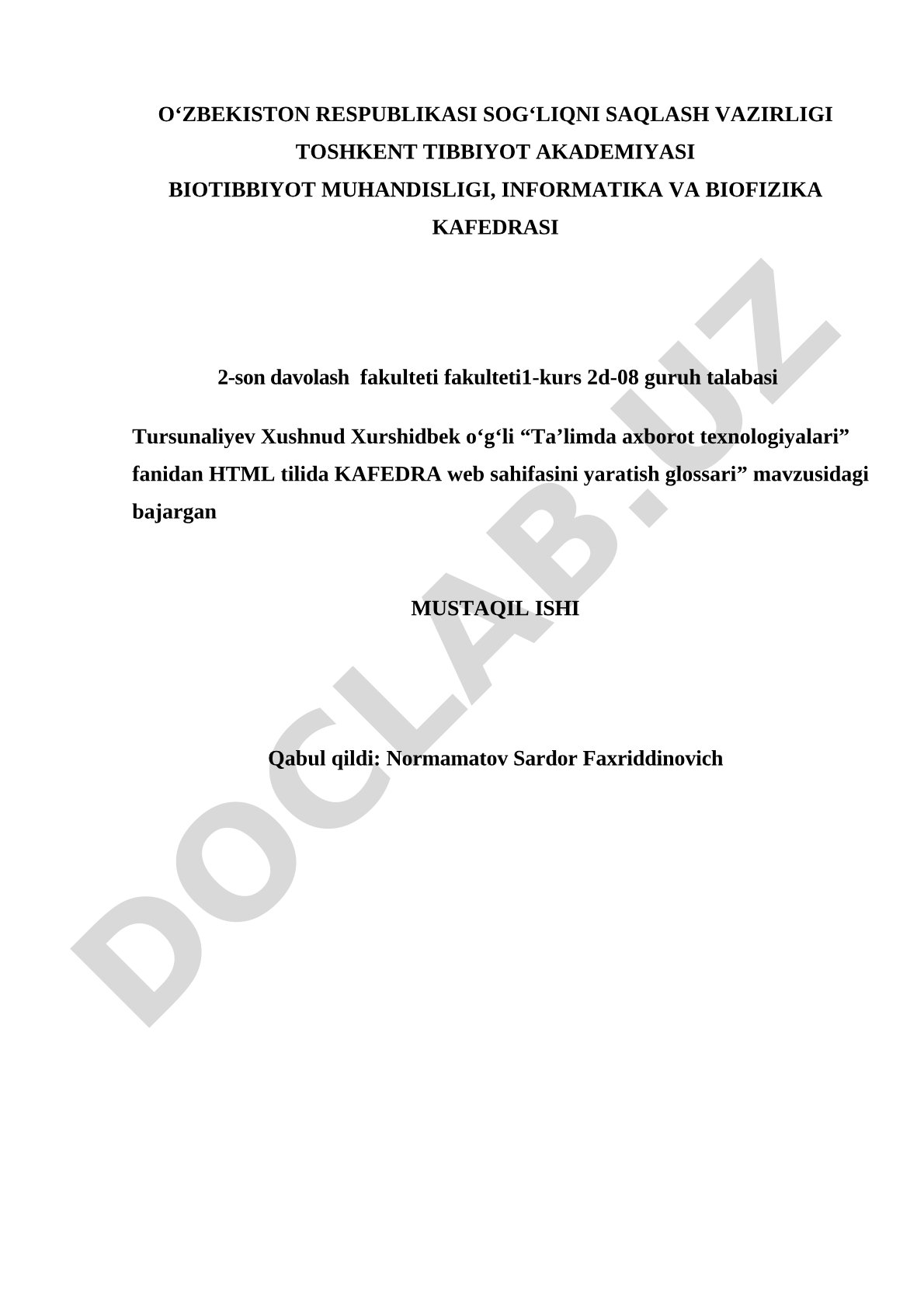 HTML tilida KAFEDRA web sahifasini yaratish glossari