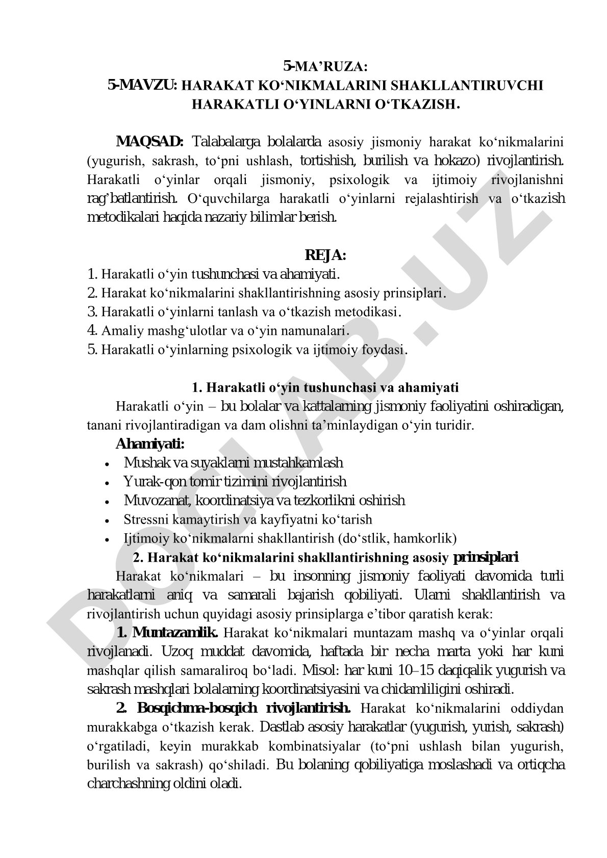 Harakat ko‘nikmalarini shakllantiruvchi harakatli o‘yinlarni o‘tkazish