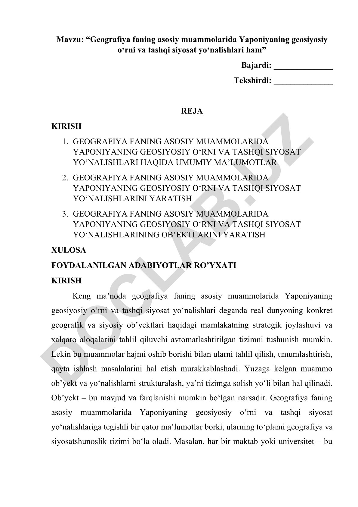 Geografiya faning asosiy muammolarida Yaponiyaning geosiyosiy o‘rni va tashqi siyosat yo‘nalishlari