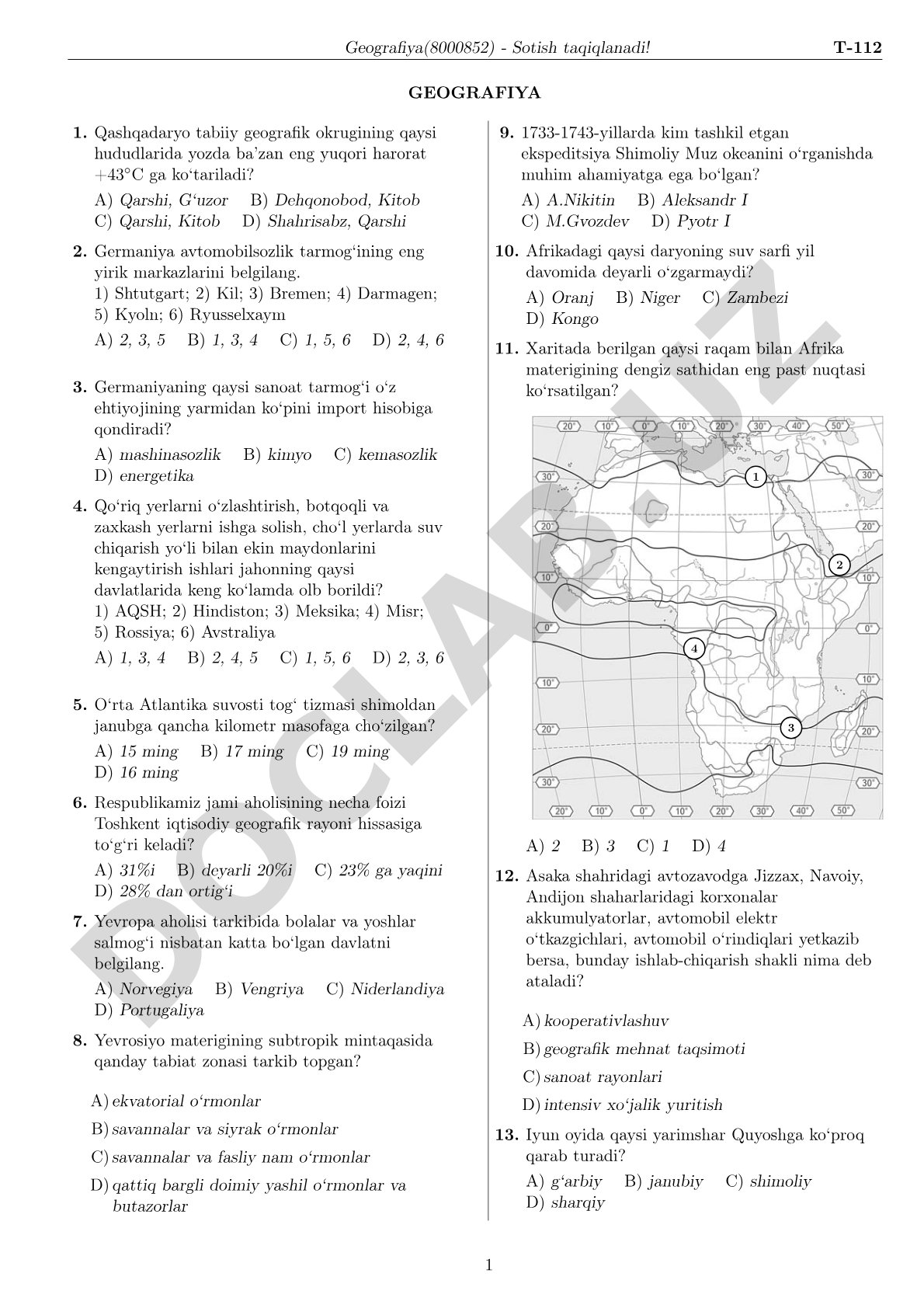 Geografiya test savollari
