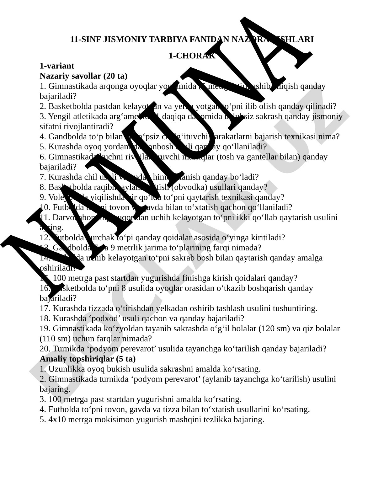 11-sinf jismoniy tarbiya fanidan nazorat ishlari 1-chorak 1-variant